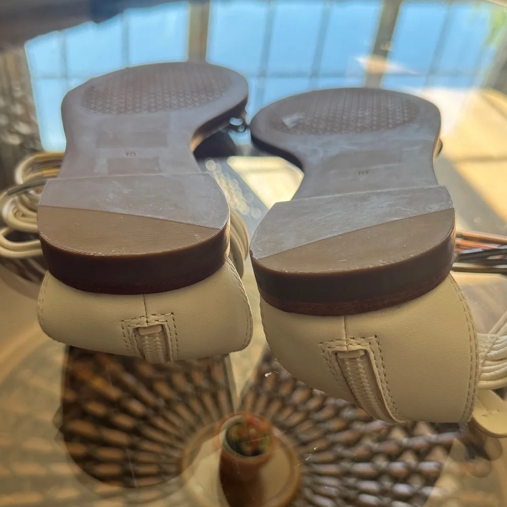 Tory Burch White Leather Ankle-Wrap Flat Sandals with Gold & Silver Accents - Picture 5 of 6